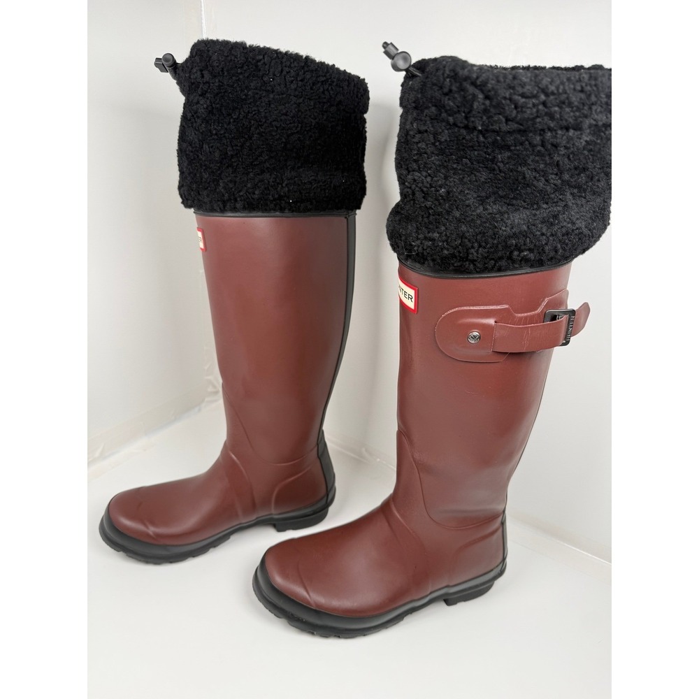 Hunter Rain Boots Women Size 5 Burgundy Tall Shearling Cuff Buckle Waterproof - Picture 3 of 6